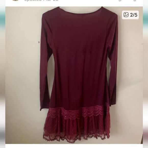 ANTHROPOLOGY Ryu Long Sleeve Maroon Lace Ruffle Trim Dress - Picture 3 of 3